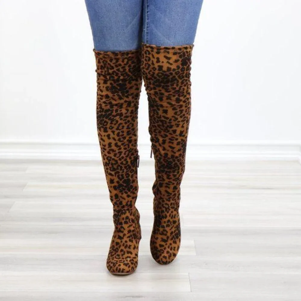 Suede Leopard Thigh High Heeled Boots